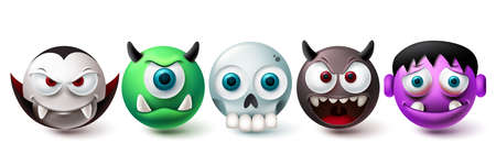 Smileys halloween vector set. Smiley and emojis graphic elements in creepy, horror and scary character collection isolated in white background. Vector illustrationのイラスト素材