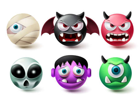 Smileys halloween emoji vector set. Smiley emojis horror character icon collection isolated in white background for graphic design elements. Vector illustrationのイラスト素材