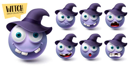 Smileys witch emoji vector set. Smiley emojis halloween character icon collection isolated in white background for graphic design elements. Vector illustrationのイラスト素材