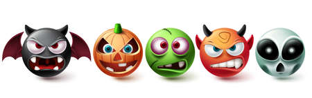 Smileys halloween vector set. Smiley emojis halloween character graphic elements in creepy, horror and scary character collection isolated in white background. Vector illustrationのイラスト素材