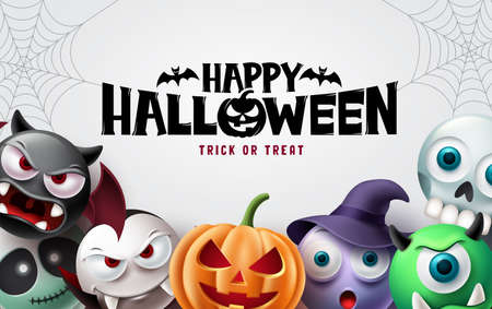 Happy halloween background design. Halloween trick or treat text with scary pumpkin, witch, vampire and skull for  horror party decoration. Vector illustration.のイラスト素材