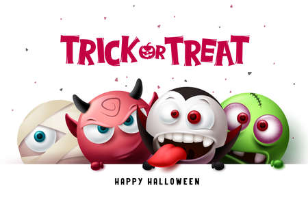 Halloween trick or treat text vector design. Happy halloween with scary, spooky and creepy character background in cute facial expression horror elements. Vector illustrationのイラスト素材