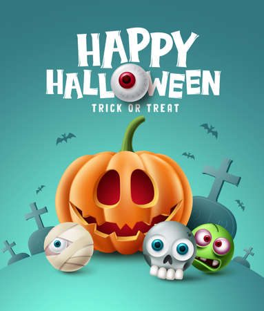 Happy halloween background design. Halloween trick or treat text with eyeball element and scary cute character in grave yard cemetery background. Vector illustrationのイラスト素材