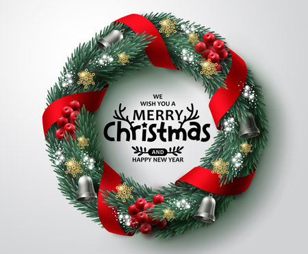 Merry christmas greeting text vector design. Christmas wreath and garland xmas ornament elements for card decoration in white space background. Vector illustration.のイラスト素材