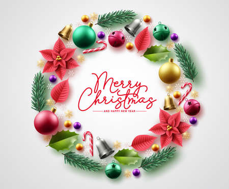 Merry christmas wreath vector background design. Christmas greeting text with xmas ornament elements for holiday season card decoration. Vector illustration.のイラスト素材