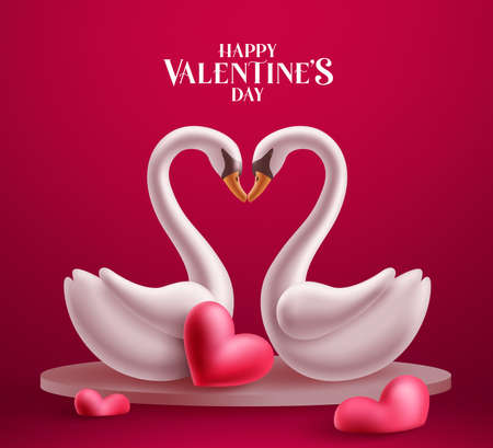 Couple swan characters vector background design. Happy valentine's day text with swan lovers character with heart elements for valentines day celebration. Vector illustration.のイラスト素材