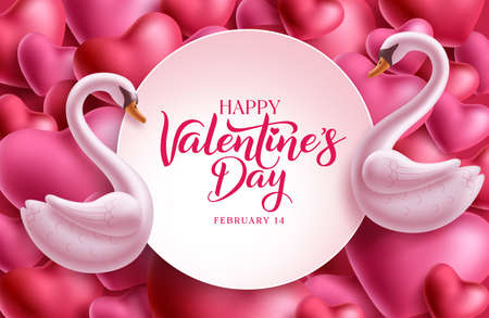 Valentine's day template vector design. Happy valentine's day text in empty space frame with couple swan characters and heart background. Vector illustration.のイラスト素材