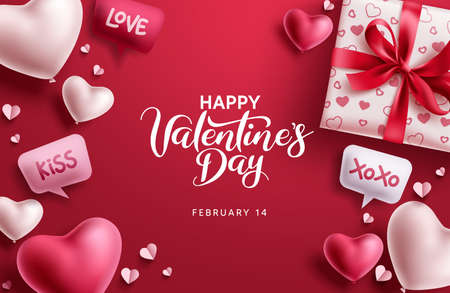 Happy valentine's day vector background design. Valentine's day greeting card with heart balloons and gift elements. Vector illustration.のイラスト素材