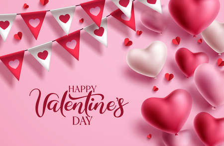 Happy valentine's day vector background design. Valentine's day greeting card decoration with heart balloons and pennant elements. Vector illustration.のイラスト素材