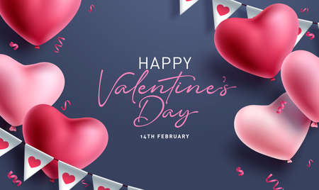 Happy valentine's day greeting text vector design. Valentine's day in empty space with heart balloons elements for background decoration. Vector illustration.のイラスト素材