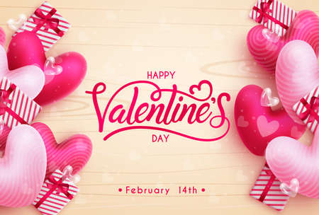 Happy valentine's day vector background design. Valentine's day text in empty space with heart balloons and surprise gift for hearts day celebration. Vector illustration.のイラスト素材