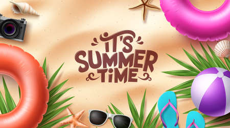 Summer time vector background design. It's summer time in sand space for text with tropical season elements for beach outdoor vacation. Vector illustration.のイラスト素材