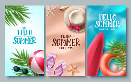 Summer vector poster set design. Hello summer greeting text collection with beach elements for tropical season background. Vector illustration.のイラスト素材
