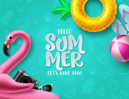 Summer hello vector design. Summer pattern background with flamingo and pineapple floaters for...