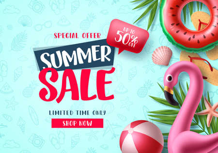 Summer sale vector banner design. Special offer summer sale discount text for tropical season promo...