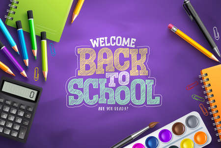 Back to school vector background design. Welcome back to school text in purple space with school supplies elements. Vector Illustration.のイラスト素材