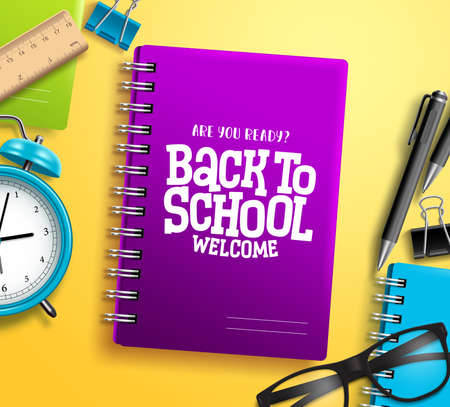 Back to school vector design. Back to school text with purple notebook and colorful school supplies elements. Vector Illustration.のイラスト素材