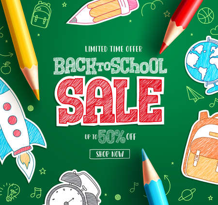 Back to school sale text vector banner. School sale limited offer for discount flyers and shopping promo in green background design. Vector Illustration.のイラスト素材