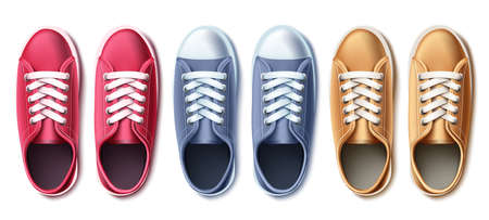 Travel shoes vector set design. Traveler sneakers for casual trend footwear collection isolated in white background. Vector Illustration.のイラスト素材