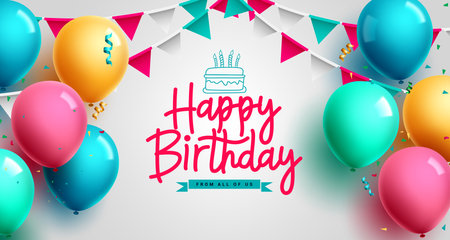 Happy birthday text vector design. Birthday balloons, pennant and confetti party decoration for kids celebration event background. Vector Illustration.