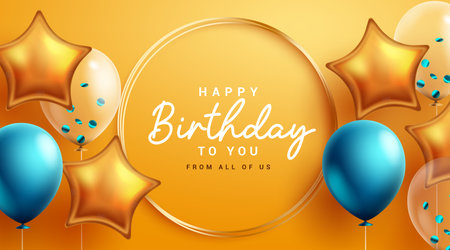 Happy birthday vector template design. Birthday text greeting card with party balloons elements in yellow empty space for typography. Vector Illustration.のイラスト素材
