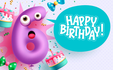 Happy 6th birthday vector design. Birthday text in speech bubble space with purple cartoon balloon party elements in pattern background. Vector Illustration.のイラスト素材