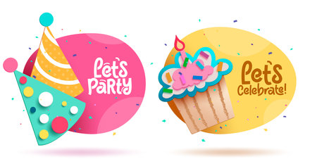 Birthday party vector set design. Let's party and celebrate lay out decoration for invitation card collection background. Vector Illustration.のイラスト素材
