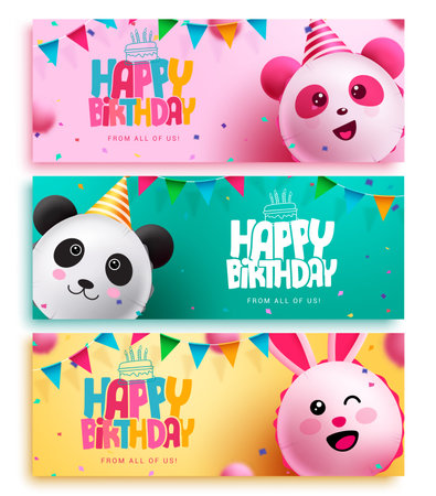 Happy birthday text vector banner set design. Birthday greeting card with inflatable character balloons for party lay out background decoration. Vector Illustration.のイラスト素材