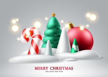 Christmas vector background design. Merry christmas greeting text with xmas fir tree, ball and candy cane miniature decoration in snow frost background. Vector Illustration.のイラスト素材