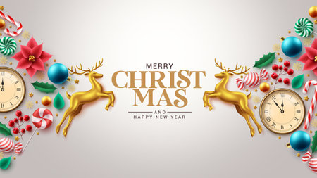Merry christmas greeting text vector design. Christmas realistic ornaments and elements decoration in flat lay layout background for holiday season. Vector Illustration.のイラスト素材