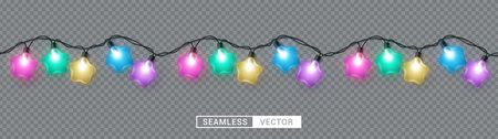 Christmas seamless lights vector design. Seamless decoration with colored star shape light for holiday background. Vector Illustration.のイラスト素材