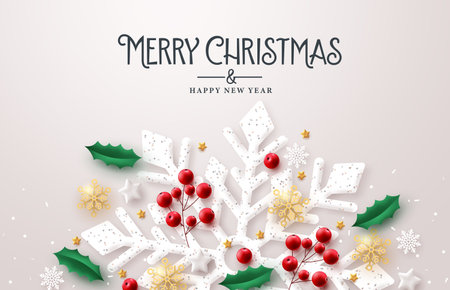 Merry christmas text vector design. Christmas snowflakes elements for holiday winter greeting card decoration background. Vector Illustration.のイラスト素材