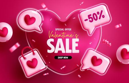 Valentine's sale text vector banner design. Happy valentine's day special offer promo for shopping discount voucher and flyers background. Vector Illustration.のイラスト素材