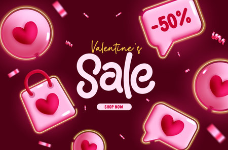Valentine's sale text vector banner design. Happy valentine's day holiday promotion for shopping discount flyers background. Vector Illustration.のイラスト素材
