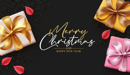 Merry christmas text vector background design. Christmas gifts box decoration elements in black color background for minimal elegant greeting card. Vector Illustration.のイラスト素材