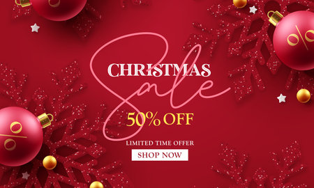 Merry christmas sale vector banner design. Christmas limited offer text with glitter snowflakes in red elegant background. Vector Illustration.のイラスト素材