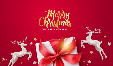 Merry christmas text vector background design. Christmas gift box and dear elements in red and silver color for minimal elegant greeting card decoration. Vector Illustration.のイラスト素材