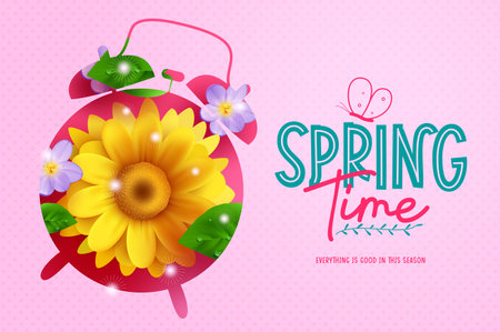 Spring time text vector design. Spring time typography in empty space with blooming flower elements in alarm clock for flowers season celebration. Vector illustration.のイラスト素材