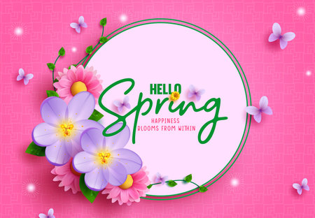 Hello spring text vector template design. Spring hello text in circle space with fresh bloom flowers and butterfly in pattern pink background. Vector Illustration.のイラスト素材