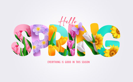 Spring flower text vector design. Hello spring text, font and letters with colorful and blooming flowers decoration elements. Vector Illustration.のイラスト素材