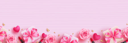 Women's day vector background design. Happy mother's day greeting and invitation card with gifts, flowers and heart decoration elements in pink background. Vector Illustration.のイラスト素材