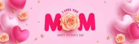 Happy mother's day vector background design. Mother's day mom text greeting card with heart balloons and confetti elements for women's international celebration. Vectorのイラスト素材