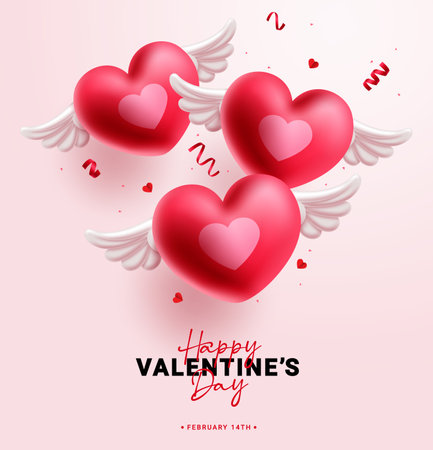Happy valentine's day vector design. Valentine's day greeting text with heart balloons flying elements. Vector illustration valentine invitation card background.のイラスト素材