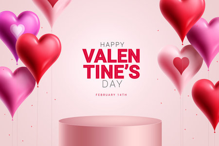 Happy valentine's day vector design. Valentine's day text in podium stage with heart shape balloons floating elements. Vector illustration valentines product display presentationのイラスト素材