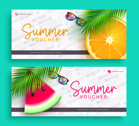 Summer voucher vector set design. Summer gift certificate and company shopping card discount coupon collection. Vector illustration holiday season gift vouchers.のイラスト素材