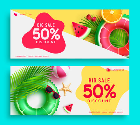 Summer sale vector set banner design. Summer big discount sale text 50% off flyers promotion collection. Vector illustration company gift vouchers background.のイラスト素材