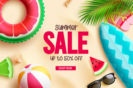 Summer sale vector banner design. Summer sale text with surfboard, floaters and beachball beach elements. Vector illustration promo discount background.のイラスト素材