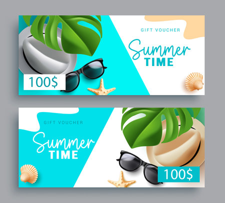 Summer time vector set design. Summer gift voucher and shopping with beach elements coupon vouchers. Vector illustration discount card collection.のイラスト素材