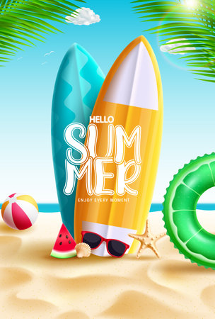 Hello summer vector design. Hello summer text in surfing board element with beach background. Vector illustration summer greeting design.のイラスト素材