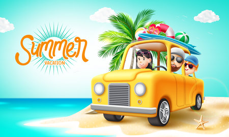 Summer vacation vector design. Summer text with family characters riding a yellow car in sand island. Vector illustration beach travel sea scape.のイラスト素材